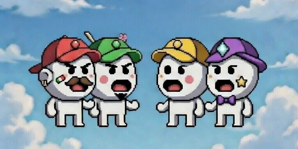 V1gilant crew — four pixel art characters with colored caps